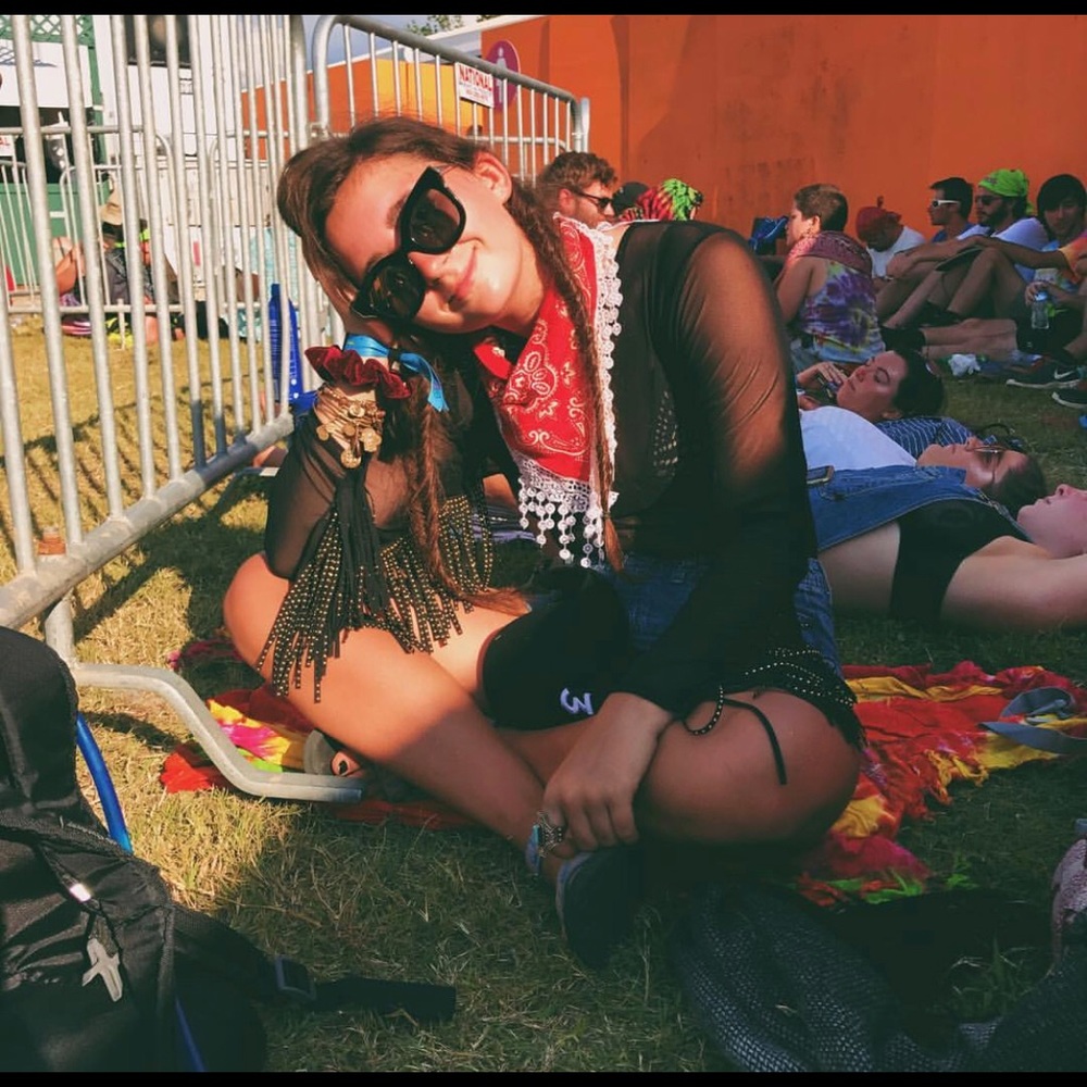 Black mesh bodysuit with fringe festival